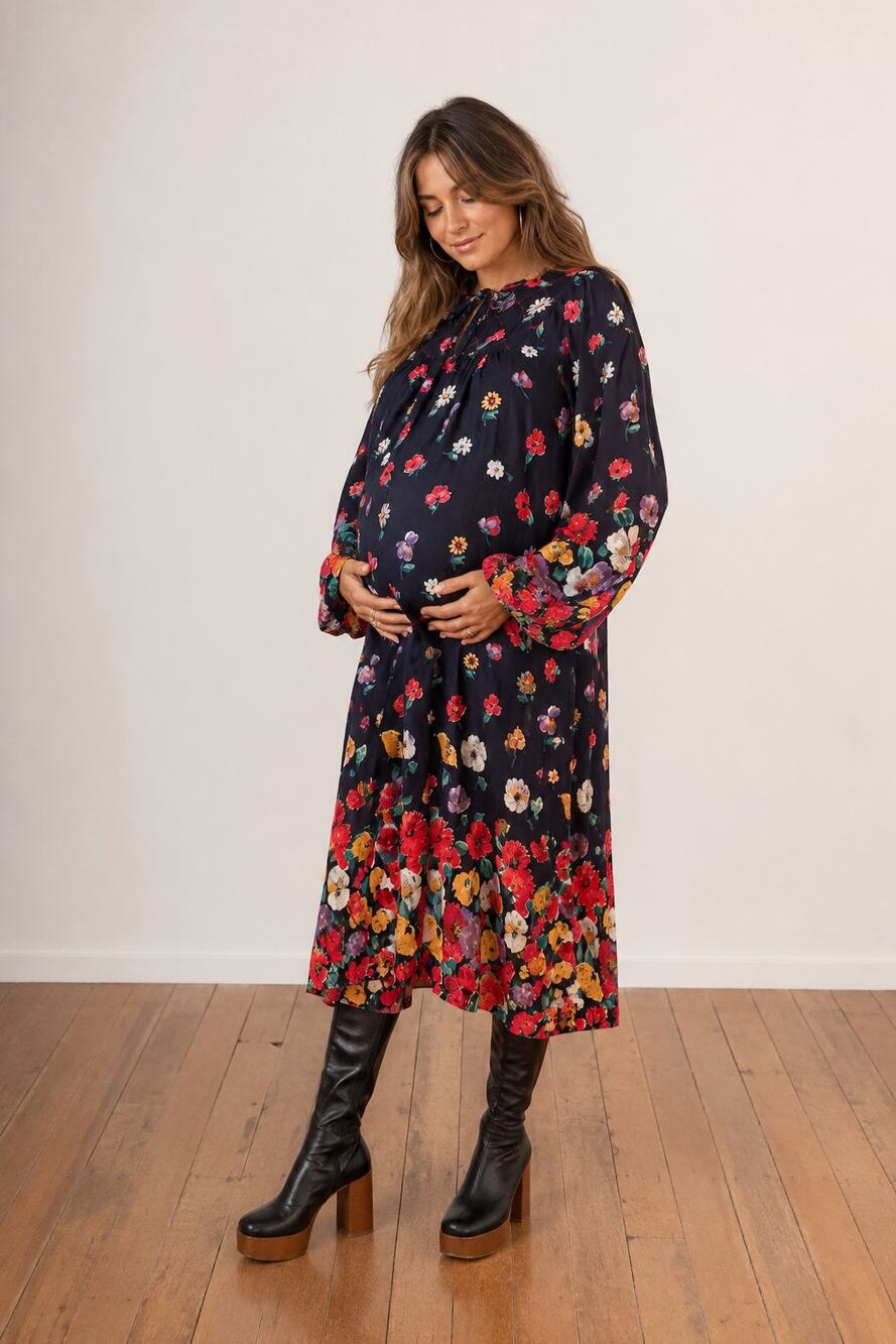70s VTG Joyce Ewing Bradley Motherhood Maternity Dress Floral Boho S M Bishop